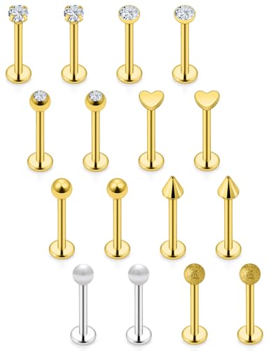 16G Flat Back Earrings Nose Studs 316L Surgical Steel Medusa Labret Monroe Lip Ring Tragus Forward Helix Conch Cartilage Lobe Earrings Stud Piercing Jewelry For Women Men 8MM Bar Length - color: 14K Gold Filled