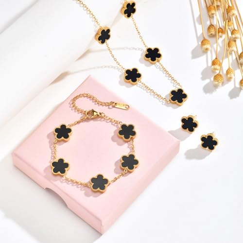 Gold Necklaces Bracelets Earring Set - 18K Gold Plated Flower Bracelet Chain,Stainless Steel Non Tarnish Floral Pendant Stud Jewelry Sets,Christmas Birthday Lucky Gift for Mom Wife Daughter Girlfriend - color: Black