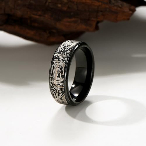 Tungsten Ring 8mm Computer Circuit Pattern Ring Black/Gold/Silver Tungsten Carbide Wedding Band for Men Comfort Fit - color: Black