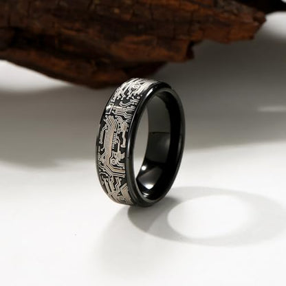 Tungsten Ring 8mm Computer Circuit Pattern Ring Black/Gold/Silver Tungsten Carbide Wedding Band for Men Comfort Fit - color: Black