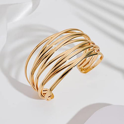 WOWORAMA Chunky Cuff Bracelets for Women Multi-layer Cross Wire Open Bangle Bracelet Adjustable Chunky Wide Open Wrist Arm Cuffs Wrap Bracelet Gold/White Gold - color: Gold Cross Wire Cuff