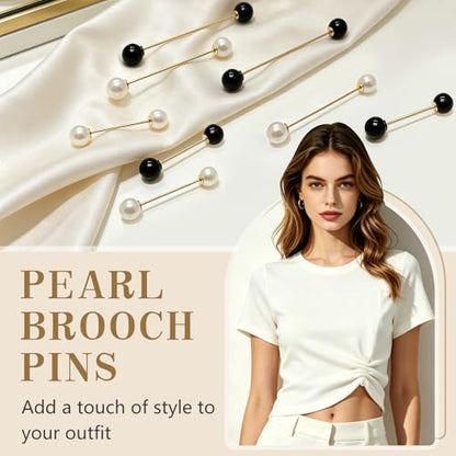 8 Pcs Artificial Pearl Brooch Pins for Women Clothes Scarf Cardigan Shawl Decorative Pin Shirt Sweater Clips 2.17/2.95 inches No Sew Double-Headed Brooch Pin Set with Box (White+Black)