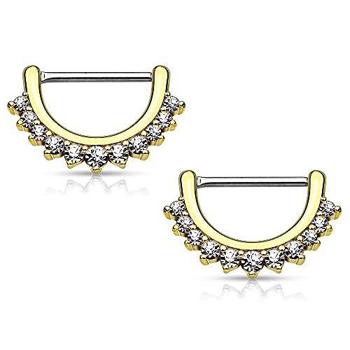 Pierced Owl - 14GA Stainless Steel CZ Crystal Lined Fan Nipple Clicker Rings, Sold as a Pair - style: Gold Tone