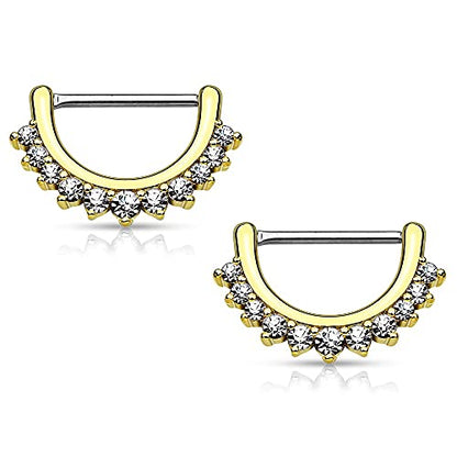 Pierced Owl - 14GA Stainless Steel CZ Crystal Lined Fan Nipple Clicker Rings, Sold as a Pair - style: Gold Tone
