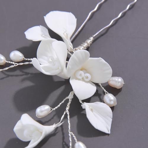 Handmade White 3D Pinch Flower Bridal Hair Pins Freshwater Pearls Wedding Bridal Hair Accessories for Bridesmaids Women and Girls