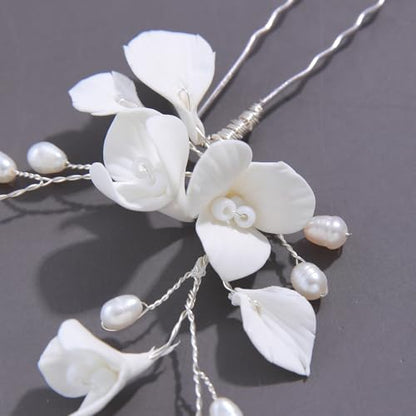 Handmade White 3D Pinch Flower Bridal Hair Pins Freshwater Pearls Wedding Bridal Hair Accessories for Bridesmaids Women and Girls