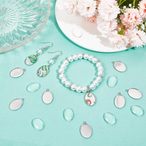 SUNNYCLUE 1 Box 80Pcs Bezel Trays Oval Pendant Tray Set Stainless Steel Pendant Blanks Photo Charm Cabochon Settings Blank Bezel Charms with Glass Cabochons for Jewelry Making DIY Findings - color: Oval Stainless Steel Cabochon Settings