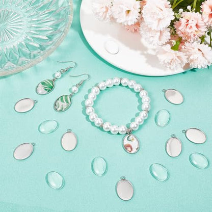 SUNNYCLUE 1 Box 80Pcs Bezel Trays Oval Pendant Tray Set Stainless Steel Pendant Blanks Photo Charm Cabochon Settings Blank Bezel Charms with Glass Cabochons for Jewelry Making DIY Findings - color: Oval Stainless Steel Cabochon Settings