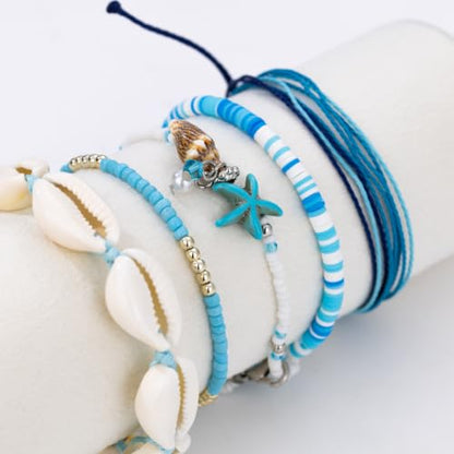 Beaded Anklet Bracelets For Women Waterproof Gold Anklets Jewelry Set Stack | non tarnish free pearl puka seashell beach boho stretchy anklet for summer dainty and tewiky gold plated - color: Blue Jewelry