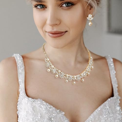 EVER FAITH Wedding Jewelry for Bride, Gorgeous Cubic Zirconia Faux Pearl Elegant Flower Bridal Prom Choker Necklace Stud Earrings Sets for Women - color: Gold Plated