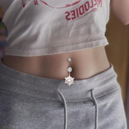 14G Dainty Rhinestone Flower Dangle Navel Ring for Women Fashion Statement Snowflake Crystal Drop Belly Button Rings Sparkly CZ Barbell Stud Sexy Body Piercing Jewelry - color: Silver