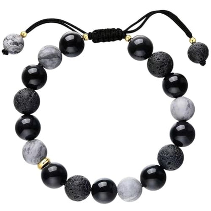 Natural Energy Stone Adjustable Bracelet Lucky Gift for Boyfriend Dad | Mixed agate/lava/picture stone, adjustable braided cord, energy protection as men’s holiday gift