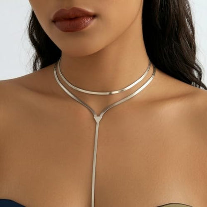 Chunky Gold Choker Necklace for Women, Double Layered Trendy Statement Y Necklace Long Snake Chain Drop Silver Necklaces Tassel Charm Prom Jewelry Accessories Gifts - color: Silver