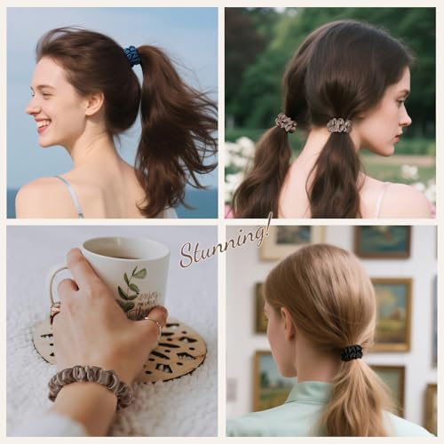 LULUSILK Small Silk Hair Ties No Damage, 100% Real Mulberry Silk, Skinny Scrunchies Ponytail Holders for Thin Fine Hair, Brown, Pack of 3 - color: Brown