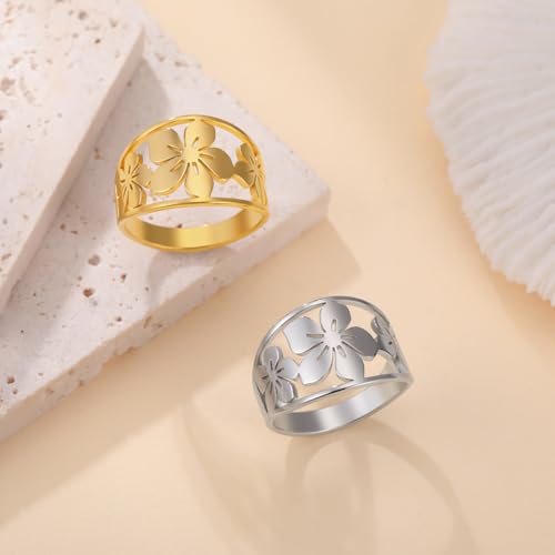 TEAMER Bohemian Hollow Flower Ring Stainless Steel Rhinestone Flower Ring Wedding Band Ring Exquisite Jewelry for Women - color: Gold
