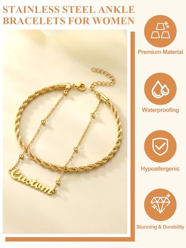 Custom4U Custom Name Anklet Bracelets for Women Waterproof Beaded/Figaro/Cuban/Rope/Wheat Chain Anklet Stackable Gold Plated Non Tarnish Custom Beach Gift Barefoot Summer Jewelry for Her - color: E01-Gold Rope Chain