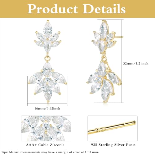 Gemsme Bridal Wedding Earrings for Brides Bridesmaides, 925 Sterling Silver Posts hypoallergenic Cubic Zirconia stud,Drop & Dangle Earrings for Women Jewelry Gifts - color: Gold - Leaf Drop Earrings