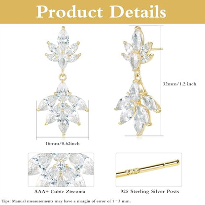 Gemsme Bridal Wedding Earrings for Brides Bridesmaides, 925 Sterling Silver Posts hypoallergenic Cubic Zirconia stud,Drop & Dangle Earrings for Women Jewelry Gifts - color: Gold - Leaf Drop Earrings