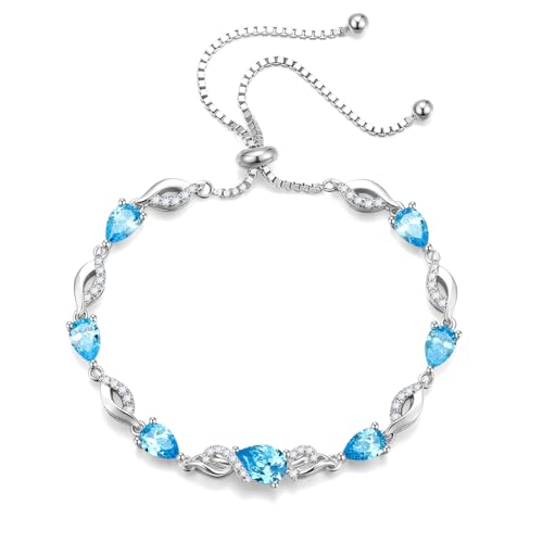 FANCIME Birthstone Teardrop Tennis Bracelet for Women, Sterling Silver 9x7mm main Gemstone Bolo Adjustable Chain Bracelet Fine Jewelry Birthday Gifts for Women Mom Wife Her - color: 03-Aquamarine
