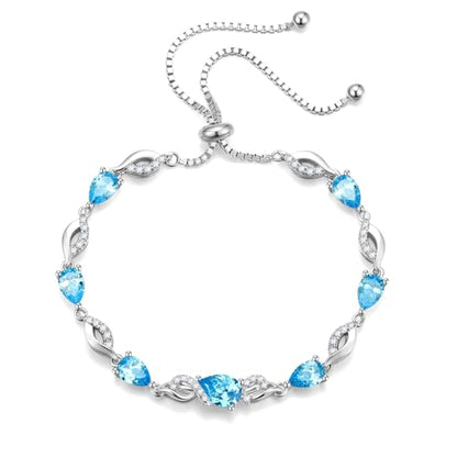 FANCIME Birthstone Teardrop Tennis Bracelet for Women, Sterling Silver 9x7mm main Gemstone Bolo Adjustable Chain Bracelet Fine Jewelry Birthday Gifts for Women Mom Wife Her - color: 03-Aquamarine