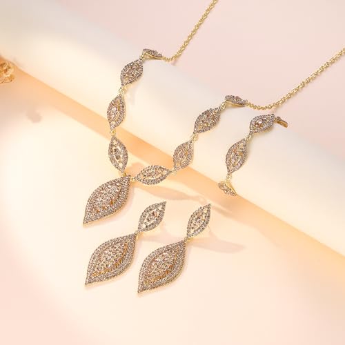 Flyonce Wedding Jewelry Set Rhinestone Crystal Bridal Leaf Necklace Drop Dangle Chandelier Earrings Sets for Women - color: Brown Gold-Tone