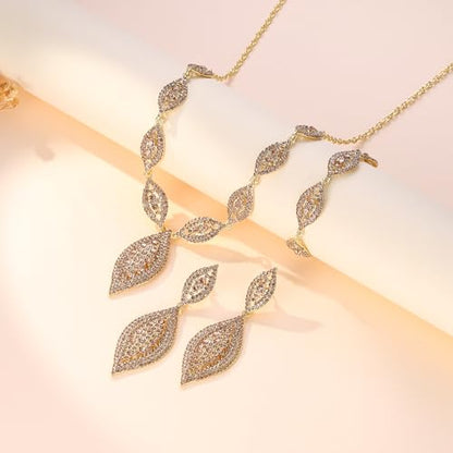 Flyonce Wedding Jewelry Set Rhinestone Crystal Bridal Leaf Necklace Drop Dangle Chandelier Earrings Sets for Women - color: Brown Gold-Tone