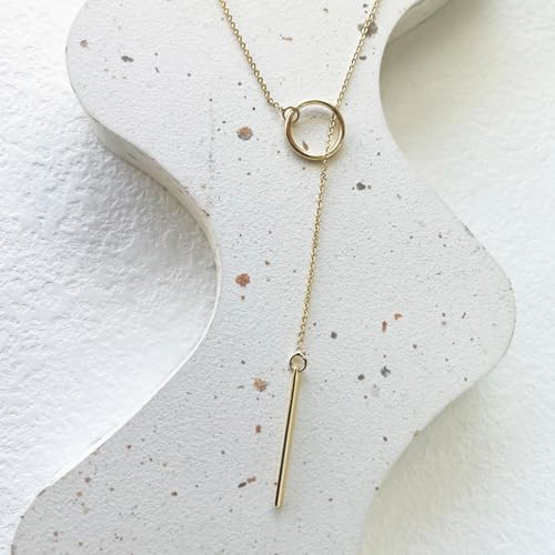 HERIER Lariat Gold Necklace for Women, Dainty Long Necklace 14k Gold Plated/Silver Y-Shaped Layered Beaded Chain Drop Necklaces for Women Trendy Simple Gold Jewelry for Women Gifts - color: Circle Bar Y Necklace-Gold