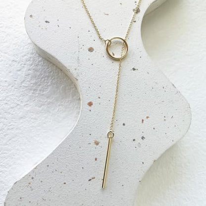 HERIER Lariat Gold Necklace for Women, Dainty Long Necklace 14k Gold Plated/Silver Y-Shaped Layered Beaded Chain Drop Necklaces for Women Trendy Simple Gold Jewelry for Women Gifts - color: Circle Bar Y Necklace-Gold