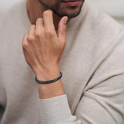 Mens Bracelet - Stainless Steel Fold Over Clasp Franco Chain Bracelets for Men - color: G-Black