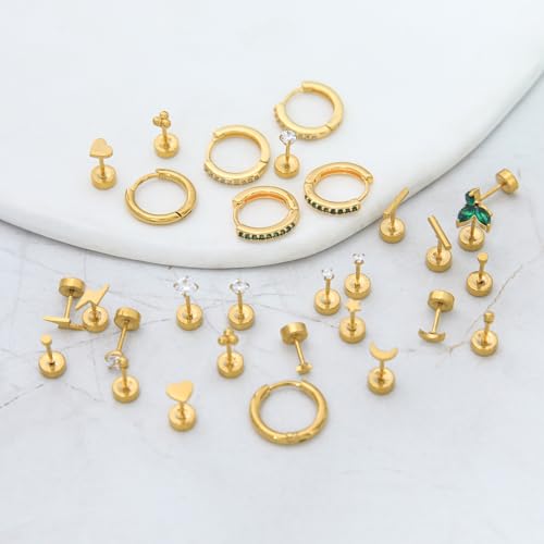 Stainless Steel Stud Earrings Set for Women Hypoallergenic Flat Back Cartilage Earrings Screw Back Huggie Hoop Earrings Multiple Piercing Cubic Zirconia Helix Tragus Jewelry - color: Set-D-14K Gold Plated