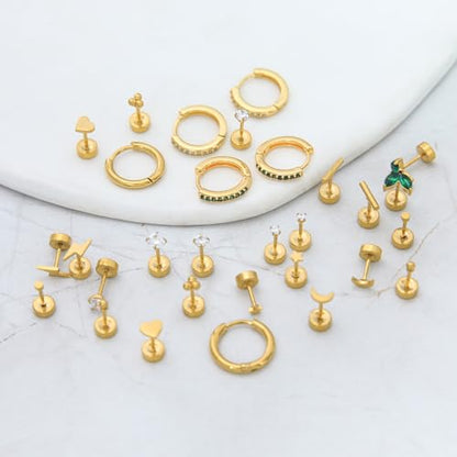 Stainless Steel Stud Earrings Set for Women Hypoallergenic Flat Back Cartilage Earrings Screw Back Huggie Hoop Earrings Multiple Piercing Cubic Zirconia Helix Tragus Jewelry - color: Set-D-14K Gold Plated