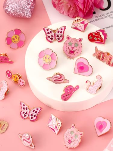JUNEBRUSHS 28pcs Girl Pink Power Brooch Pins Pink Ribbon Lapel Pins for Women Girl Power Clothes Preppy Decorations Accessories - style: Pink Power Style