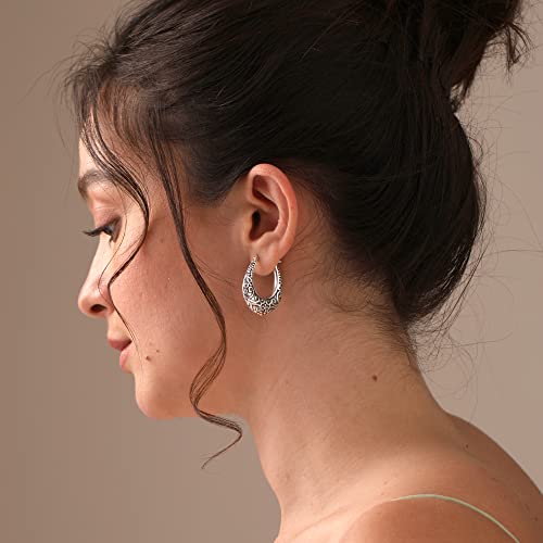 LeCalla 925 Sterling Silver Bali-Style Hoop Earrings Lightweight Click-Top Antique Two-Tone Beaded Italian Bali Style Earring Hoops for Women - style: Scrollwork Style