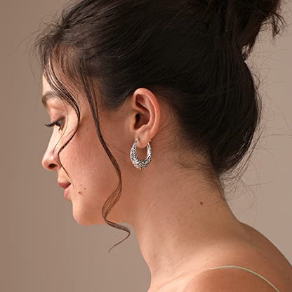 LeCalla 925 Sterling Silver Bali-Style Hoop Earrings Lightweight Click-Top Antique Two-Tone Beaded Italian Bali Style Earring Hoops for Women - style: Scrollwork Style