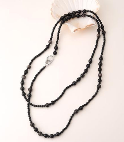 Long Beaded Necklaces for Women Pearl Stone Bead Strand - Layered Sweater Chain Elegant Mother's Day Jewelry Gifts - color: Black