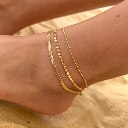 Risamil 14K Gold Plated Ankle Bracelets for Women, Anklets for Women Waterproof Layered Ankle Bracelets for Women Teen Girl Herringbone Anklet Set Summer Foot Jewelry Gifts - color: 3PCS-07