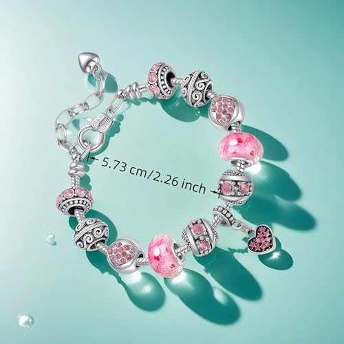 Pink Hearts Silver Plated Charm Bracelet, DIY Jewelry for Women with Beads, Charms, and Adjustable Snake Chain, Fits 7.5"+1.5" - color: Pink, size: 18cm