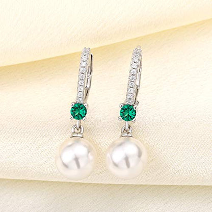 JO WISDOM 925 Sterling Silver Freshwater Pearl Hoop Earrings with Dangle Real Pearl,Simulated Pearls - color: B-8mm white pearl,green emerald