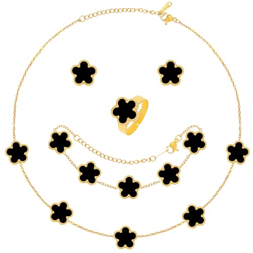 5 Pieces Lucky Clover Jewelry Set for Women Gold Jewelry Set 18K Gold Plated Flower Design Five Leaf Necklace Bracelet Ring Earrings for Women - color: Clover Black