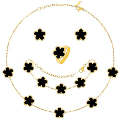 5 Pieces Lucky Clover Jewelry Set for Women Gold Jewelry Set 18K Gold Plated Flower Design Five Leaf Necklace Bracelet Ring Earrings for Women - color: Clover Black