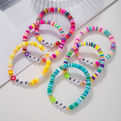 Friendship Bracelets for Women - Heishi Surfer Colorful Smile Evil Eye Clay Beaded Stretch Bracelets Elastic Layering - Stackable Boho Disc Y2K Aesthetic Summer Jewelry Set. - color: D-BFF