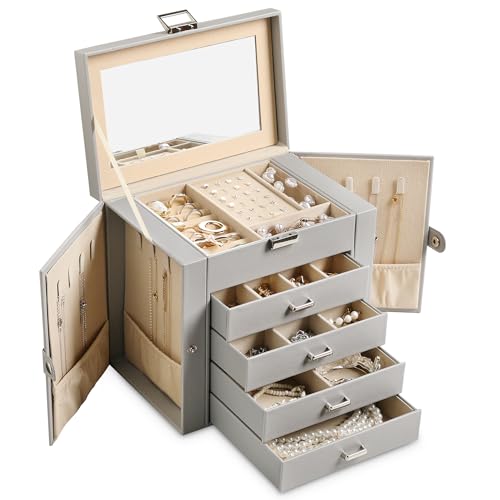 Frebeauty 5-Layer Jewelry Box for Women,Jewelry Organizer with 4 Drawers | Faux Leather,Built-in Mirror,Spacious Jewelry Storage,16 Necklace Hooks,Organizing by Category for Rings Earrings Bracelet - color: Grey, size: Medium
