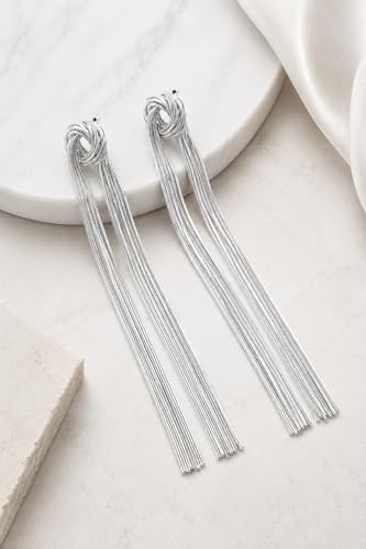 Gold Dangle Earrings for Women Trendy, 14K Gold Plated Long Chain Drop Earrings Hypoallergenic Statement Tassel Earrings Elegant Wedding Prom Fashion Jewelry for Women - color: Silver