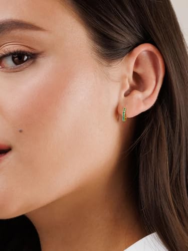 Chunky Emerald Sapphire Ruby Hoop Earrings, Princess or Round Cut, 14k Yellow Gold Plated Sterling Silver Cubic Zirconia Huggie Earings Minimalist Hoops Earrings for Women Wedding Daily Birthday - style: Round cut -Sapphire -Gold