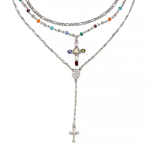 Silvery Layered Necklace for Women, Y Necklace with Cross Pendant, Dainty Stackable Jewelry Gift for Everyday Wear - style: 3PCS - Paper Clip Chain&Colorful Cross&Cross Y Chain