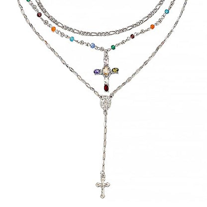 Silvery Layered Necklace for Women, Y Necklace with Cross Pendant, Dainty Stackable Jewelry Gift for Everyday Wear - style: 3PCS - Paper Clip Chain&Colorful Cross&Cross Y Chain