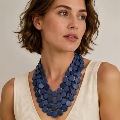 Colorful Beaded Necklace for Women,Chunky Wooden Bib Choker Necklace,Statement African Jewelry Multicolor Maroon Blue Fashion Collar Necklace - color: blue
