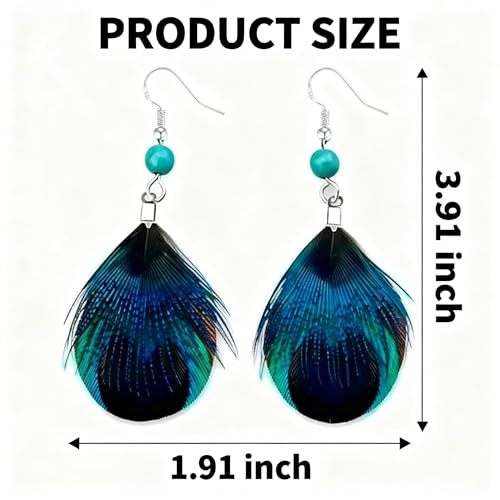 Feather Earrings for Women, Sterling Silver Hook Boho Style Peacock Long Feather Jewelry - color: Peacock Feather-2