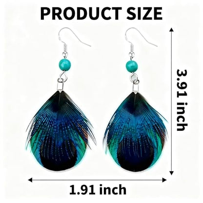 Feather Earrings for Women, Sterling Silver Hook Boho Style Peacock Long Feather Jewelry - color: Peacock Feather-2