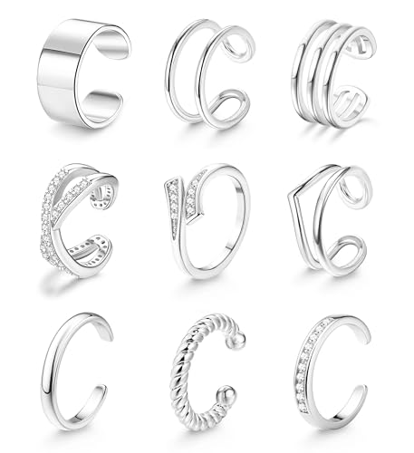 JeryWe Toe Rings for Women Non Tarnish Waterproof - 14K Gold Filled Adjustable Toe Rings Silver Simple Band Hug CZ Thin Chunky Toe Ring Dainty Summer Barefoot Beach Foot Jewelry for Women 9Pcs
